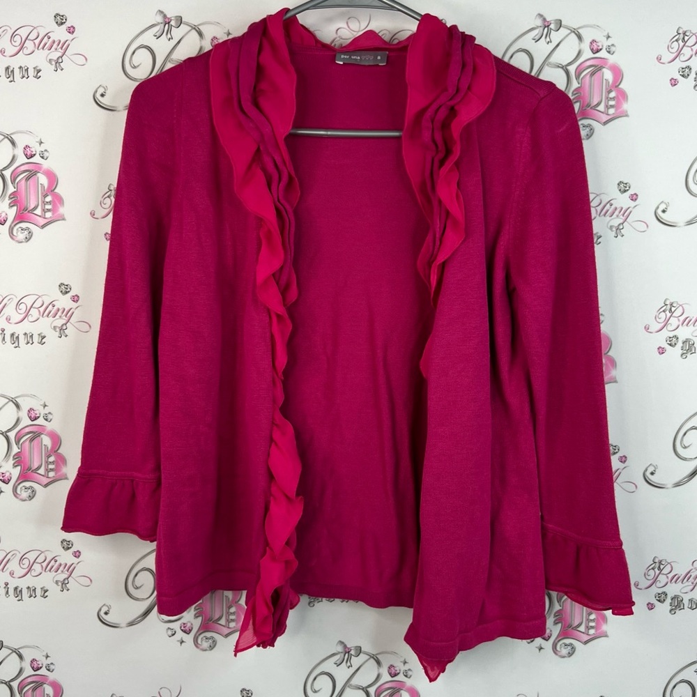 Per Una cardigan ruffle frilly open front pink bright Fuchsia Ruffled Cardigan